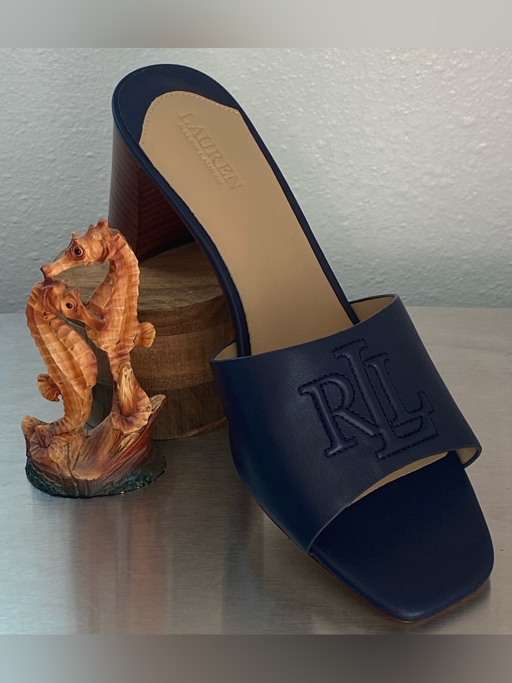 RALPH LAUREN NAVY LEATHER BLOCK HEEL MULES-NEW - Picture 3 of 15